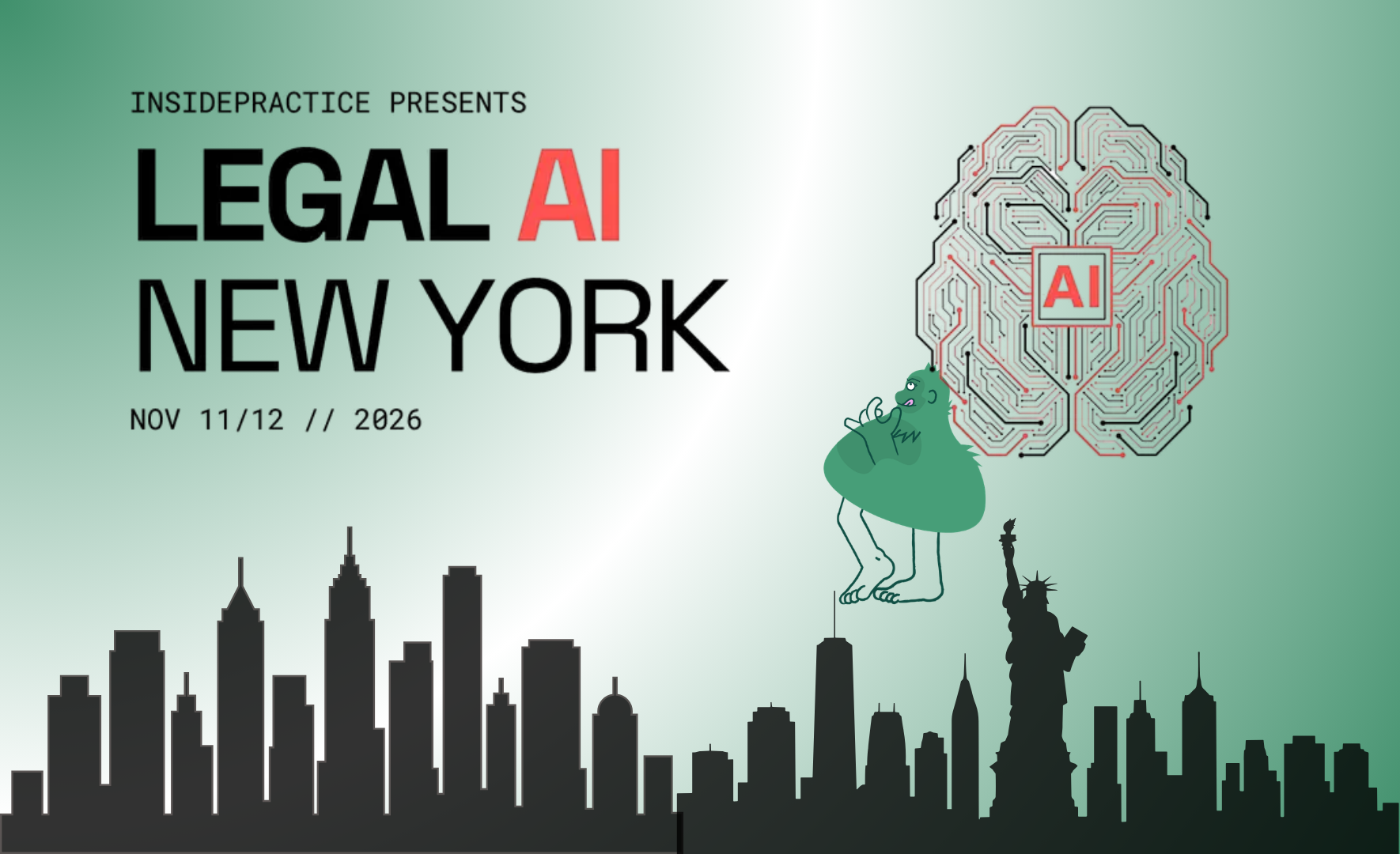 Legal AI New York, November 11–12, 2026, presented by Inside Practice. The Greenplaces mascot Littlefoot ponders a circuit-board brain above the New York City skyline.